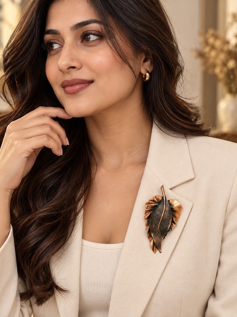 Copper-Tone Leaf Brooch Pin - Elegant Women's Jewelry